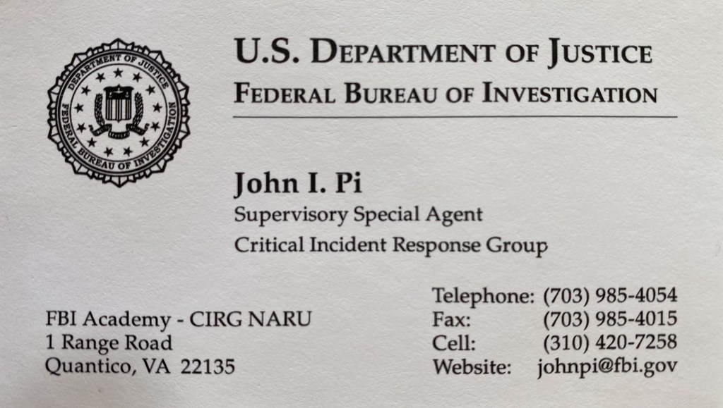 This business card was used for my position as the Teamleader for Team Delta of the FBI CIRG National Assets Response Team - the last line of defense for counterterrorism / WMD responses